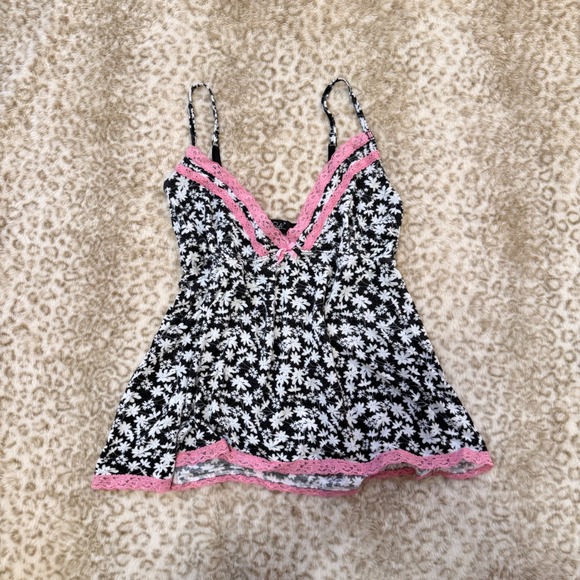 Rene Rofe Other - Rene Rofe Floral Lace Babydoll Chemise Top Womens M Coquette Vibe Black Pink Y2K